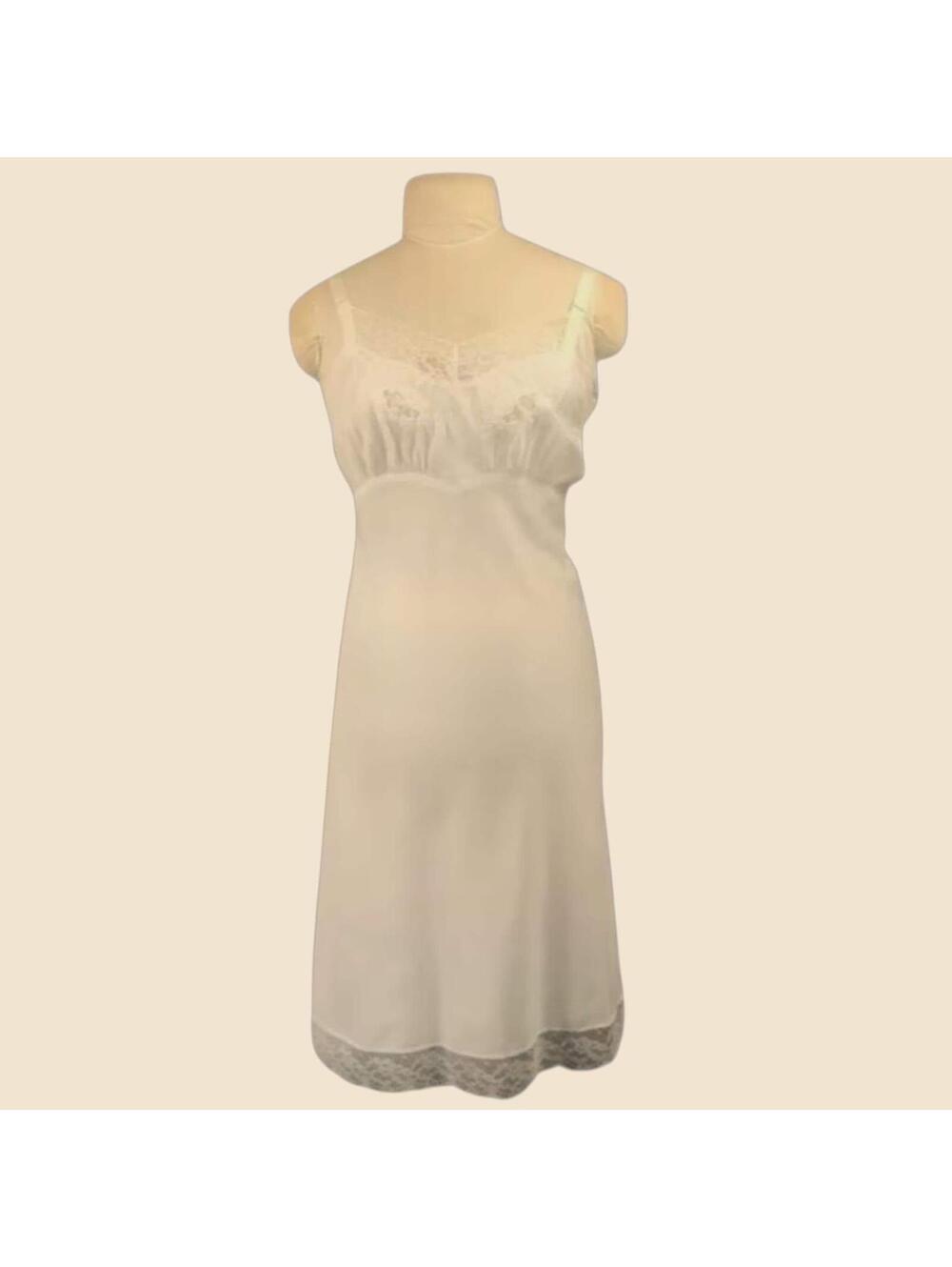 Vintage Barbizon White Nylon Full Slip Dress: Lace Trim, Bust 34